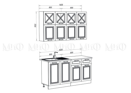 Кухонный Гарнитур Кармен New  №4 МДФ 1600 мм (Высота верхних ящиков 900 мм)